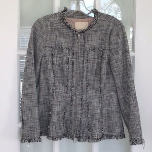 Rebecca Taylor zip jacket black & white tweed, size 6, fringed at edges & seams